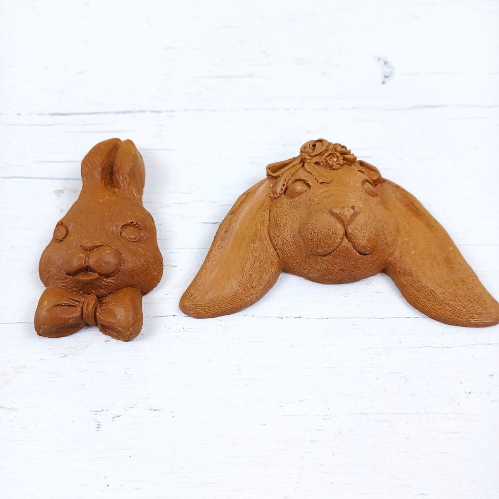 Vintage 1991 Rabbit Ornament Set of 2 Crushed Pecan Shells Paintable Signed JP F
